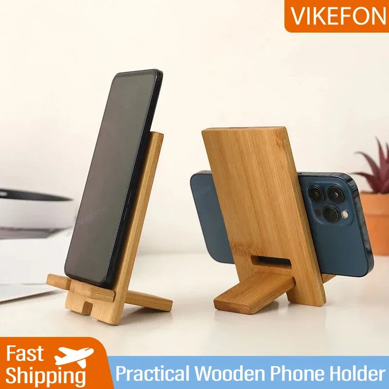 VIKEFON Desktop Bamboo Phone Holder Practical Wooden Smartphone Charging Stand Creative Lazy Multi-functional Stand
