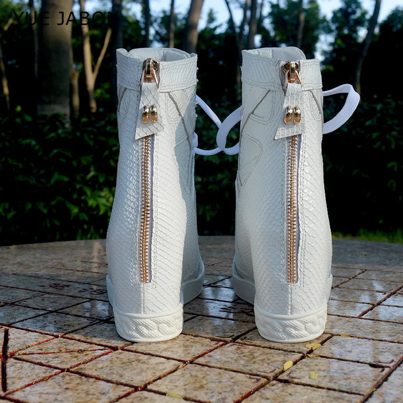 White Punk Style Women Shoes Lace-up heel height 8CM Platform Shoes Woman Real Leather Ankle Rock Boots Patchwork Woman Sneakers