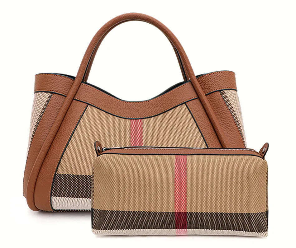 Small Size 30CM Elegant Women Bag Striped Canvas + Cowhide Top Handle Bag Women's Single Shoulder Crossbody Luxury Designer Bag