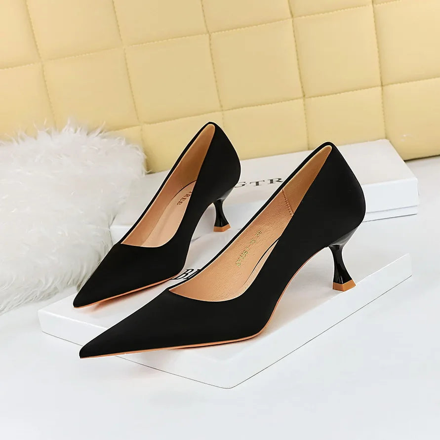 BIGTREE Shoes Kitten Heels 5.5 Cm Women Pumps Silks Satins Lady Heels Fashion Women Shoes Low Heel Female Shoes Large Size 43