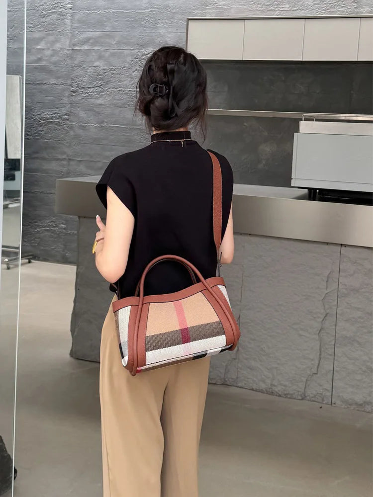 Small Size 30CM Elegant Women Bag Striped Canvas + Cowhide Top Handle Bag Women's Single Shoulder Crossbody Luxury Designer Bag