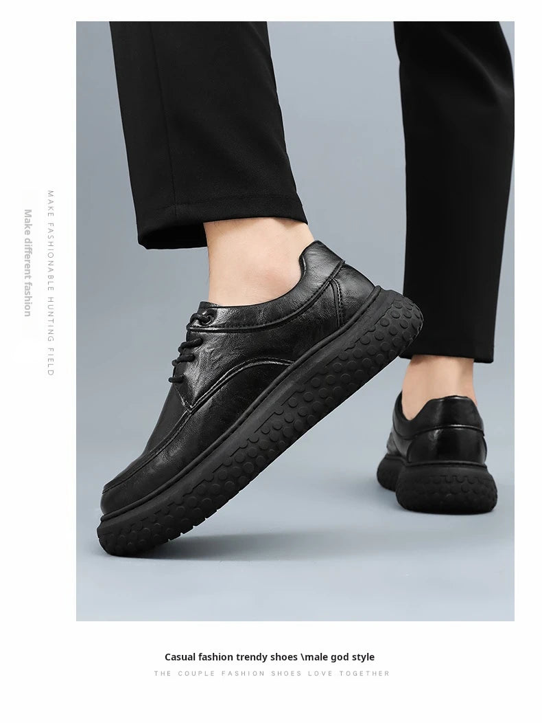 Trendy Men's Leather Shoes British Style Thick Bottom Casual Low Help Lace up Heightening Black Loafers Breathable Shoes