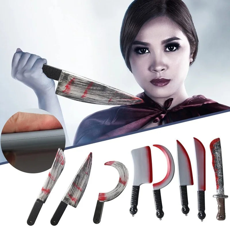 48.5cm/19.09in Plastics Fake Blood Knife Party Supplies Weapon Props Model Halloween Cosplay Funny Gift Collectible Outdoor Toys