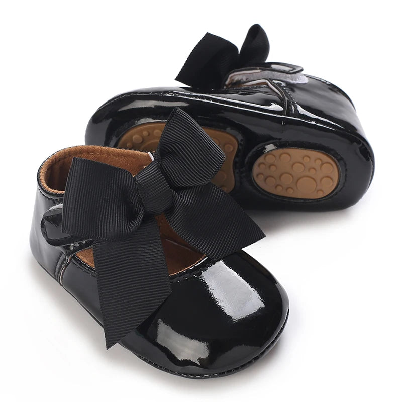 Baby Shoes Bowknot Rubber Sole Anti-slip PU Ballet Slippers Baby Girl Dress Shoes First Walker Toddler Crib Shoes