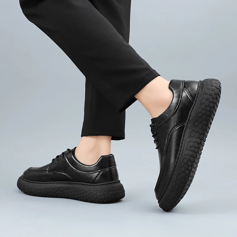 Trendy Men's Leather Shoes British Style Thick Bottom Casual Low Help Lace up Heightening Black Loafers Breathable Shoes