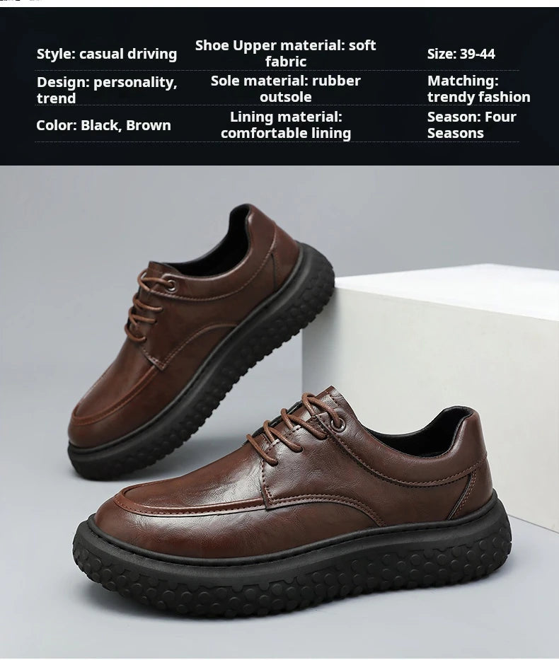Trendy Men's Leather Shoes British Style Thick Bottom Casual Low Help Lace up Heightening Black Loafers Breathable Shoes