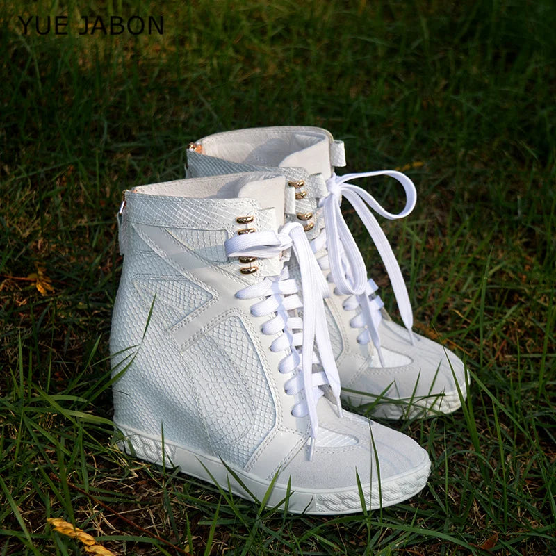 White Punk Style Women Shoes Lace-up heel height 8CM Platform Shoes Woman Real Leather Ankle Rock Boots Patchwork Woman Sneakers
