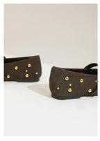 Cool Gold Rivets Design Ballet Flats Women Faux Suede Belt Metal Buckle Low Heel Women Shoes Non-slip Soft Sole Mary Jane Shoes