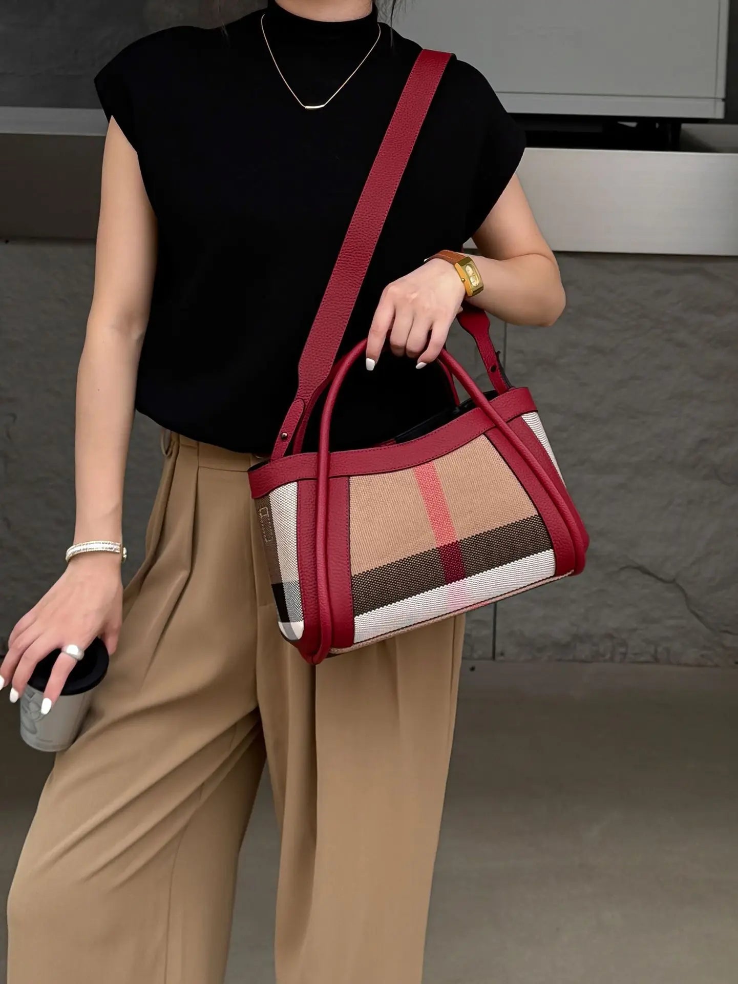 Small Size 30CM Elegant Women Bag Striped Canvas + Cowhide Top Handle Bag Women's Single Shoulder Crossbody Luxury Designer Bag