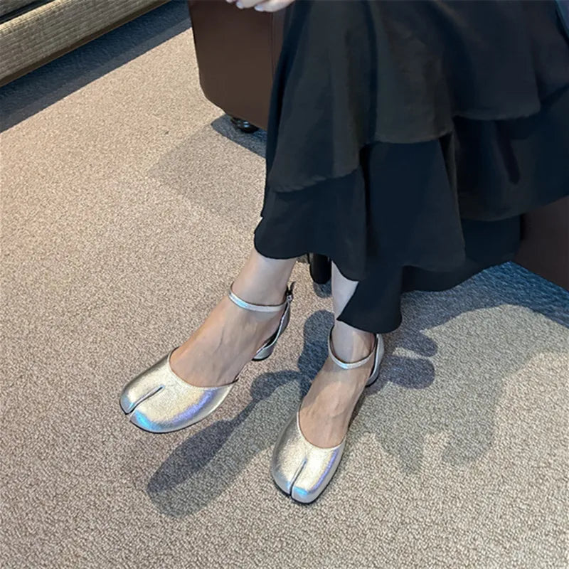 Bailamos Fashion Tabi Ninja Women Shoes Round Split Toe Shallow Thick Heel Sandals Mid Heel Mary Janes Shoes Female Pumps Mujer
