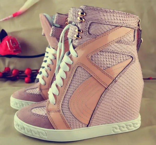 White Punk Style Women Shoes Lace-up heel height 8CM Platform Shoes Woman Real Leather Ankle Rock Boots Patchwork Woman Sneakers