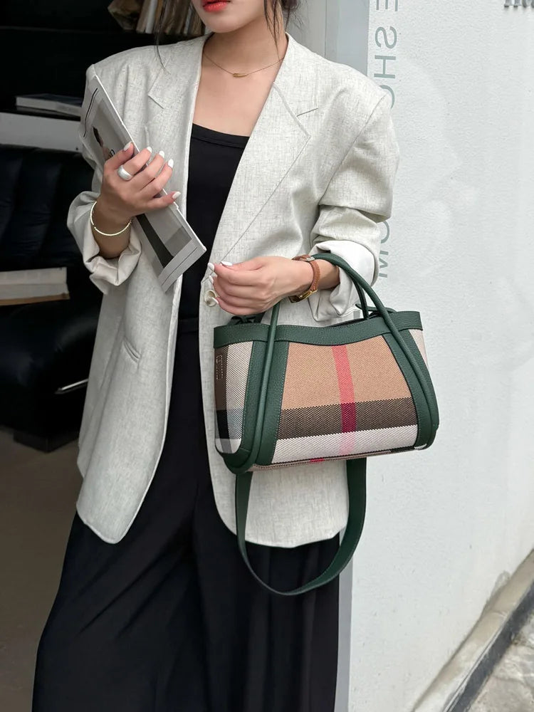 Small Size 30CM Elegant Women Bag Striped Canvas + Cowhide Top Handle Bag Women's Single Shoulder Crossbody Luxury Designer Bag