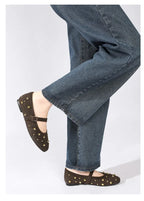 Cool Gold Rivets Design Ballet Flats Women Faux Suede Belt Metal Buckle Low Heel Women Shoes Non-slip Soft Sole Mary Jane Shoes