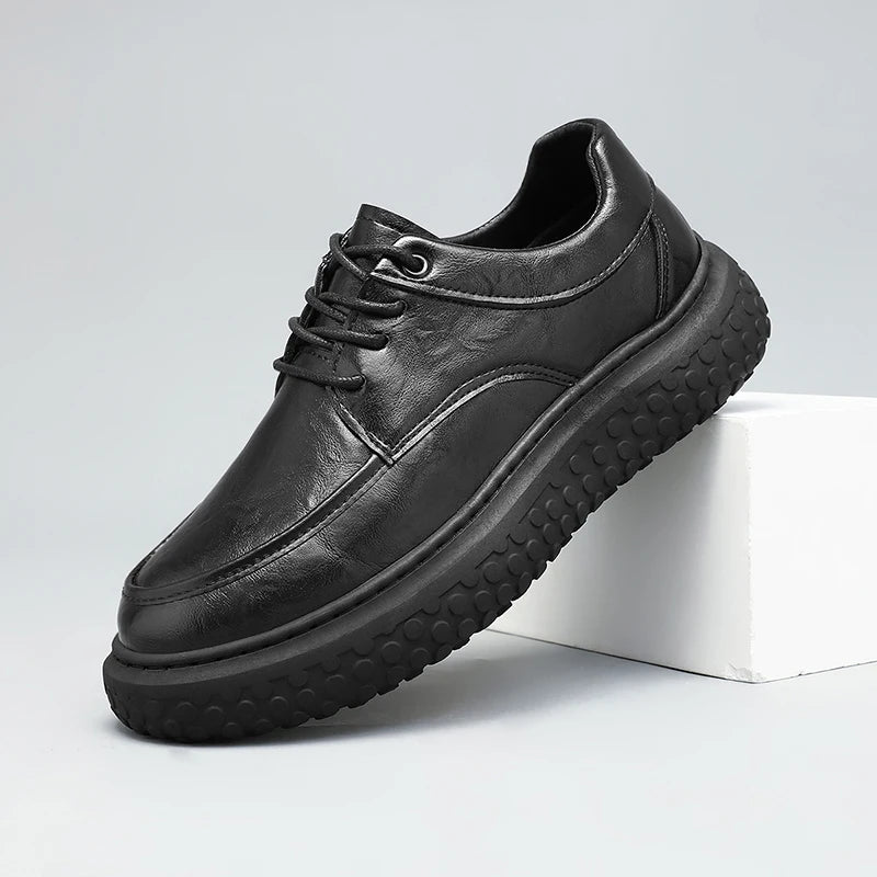 Trendy Men's Leather Shoes British Style Thick Bottom Casual Low Help Lace up Heightening Black Loafers Breathable Shoes