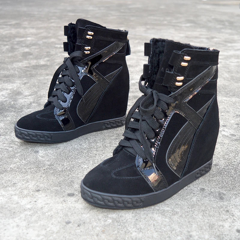 White Punk Style Women Shoes Lace-up heel height 8CM Platform Shoes Woman Real Leather Ankle Rock Boots Patchwork Woman Sneakers