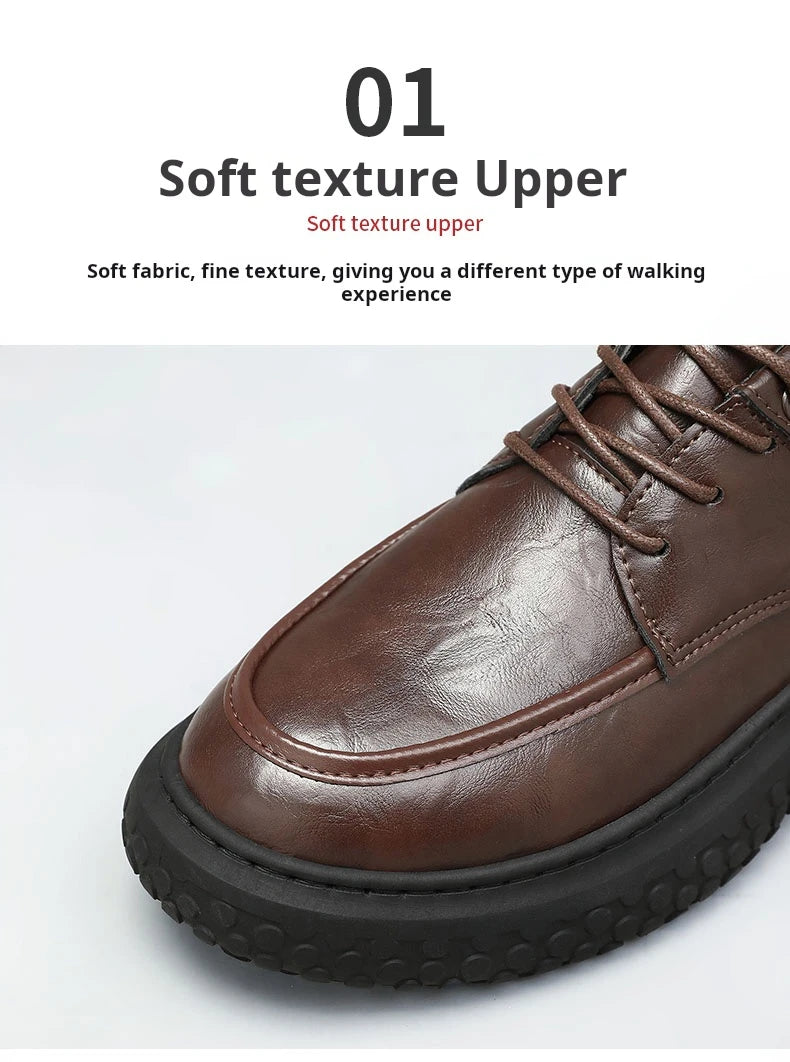 Trendy Men's Leather Shoes British Style Thick Bottom Casual Low Help Lace up Heightening Black Loafers Breathable Shoes