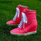 White Punk Style Women Shoes Lace-up heel height 8CM Platform Shoes Woman Real Leather Ankle Rock Boots Patchwork Woman Sneakers