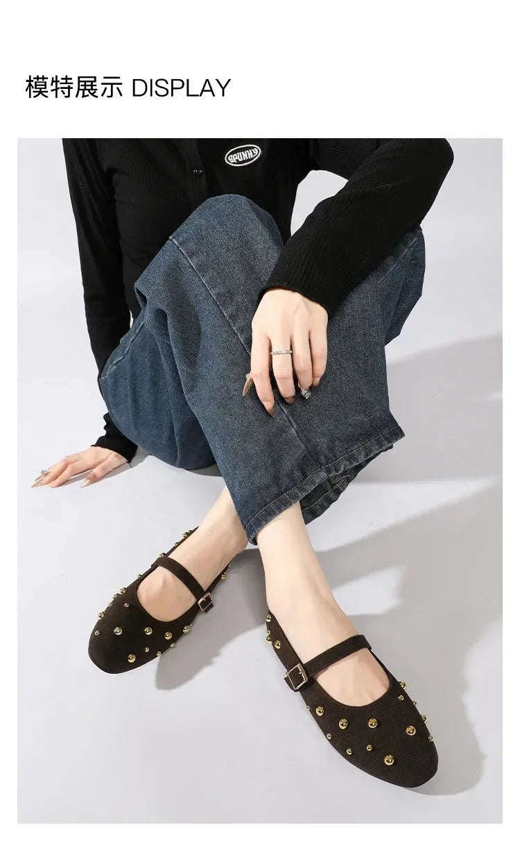 Cool Gold Rivets Design Ballet Flats Women Faux Suede Belt Metal Buckle Low Heel Women Shoes Non-slip Soft Sole Mary Jane Shoes