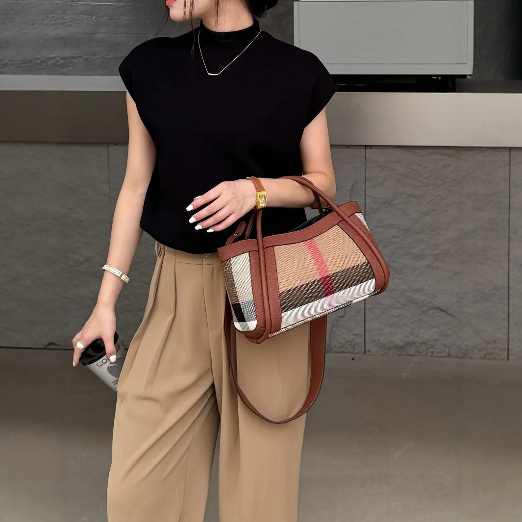 Small Size 30CM Elegant Women Bag Striped Canvas + Cowhide Top Handle Bag Women's Single Shoulder Crossbody Luxury Designer Bag