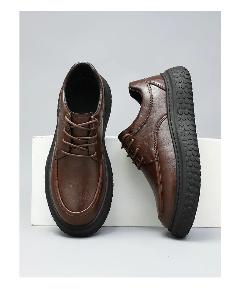 Trendy Men's Leather Shoes British Style Thick Bottom Casual Low Help Lace up Heightening Black Loafers Breathable Shoes