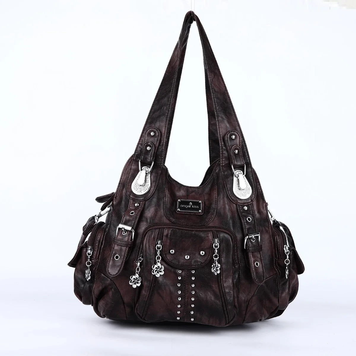 Angelkiss Women Bag Large Handbags Satchel Top-handle PU Shoulder Bag Vintage Dumpling Pack Multi-pockets Shoulder Bags Purse