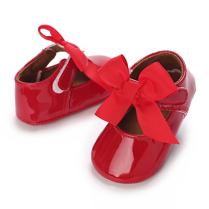 Baby Shoes Bowknot Rubber Sole Anti-slip PU Ballet Slippers Baby Girl Dress Shoes First Walker Toddler Crib Shoes