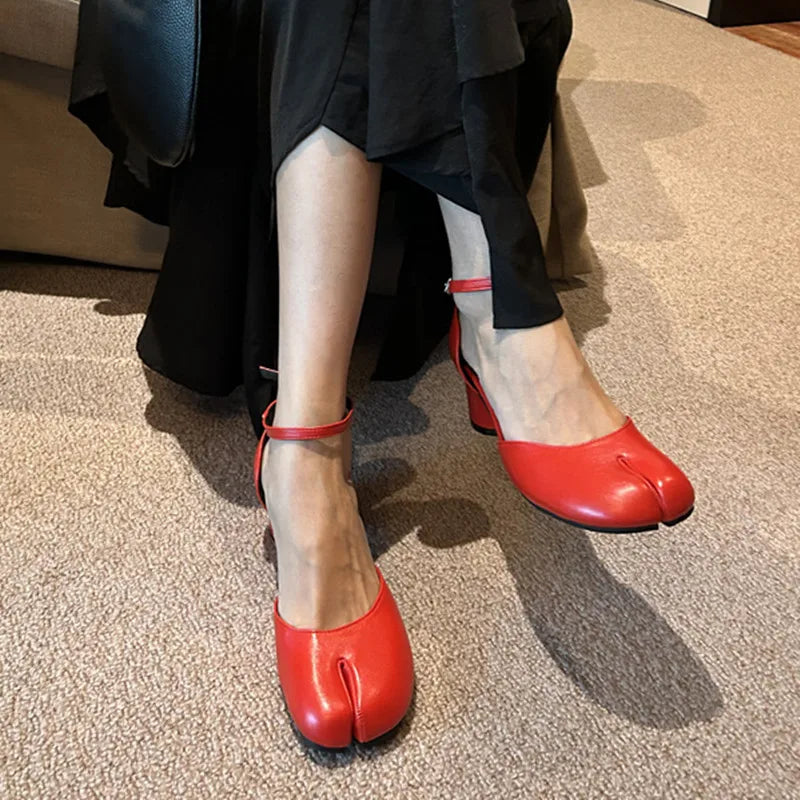 Bailamos Fashion Tabi Ninja Women Shoes Round Split Toe Shallow Thick Heel Sandals Mid Heel Mary Janes Shoes Female Pumps Mujer