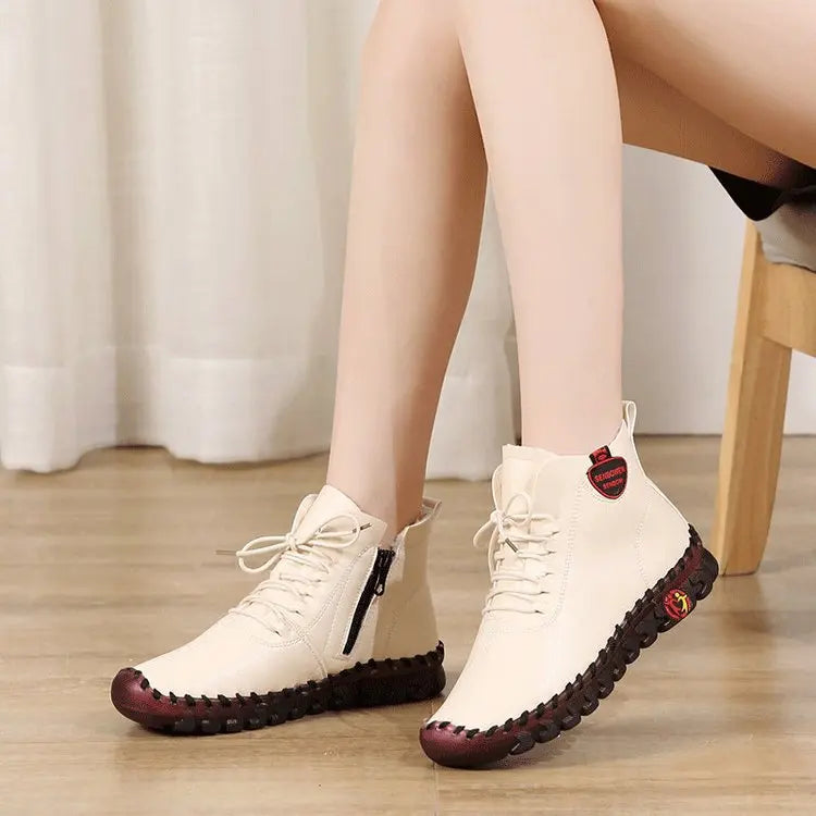 Women Shoes Autumn Loafers Lace Up Sneakers Casual Flats Solid Soft Bottom Boots Leather High-Top Sneaker Female Shoes2024
