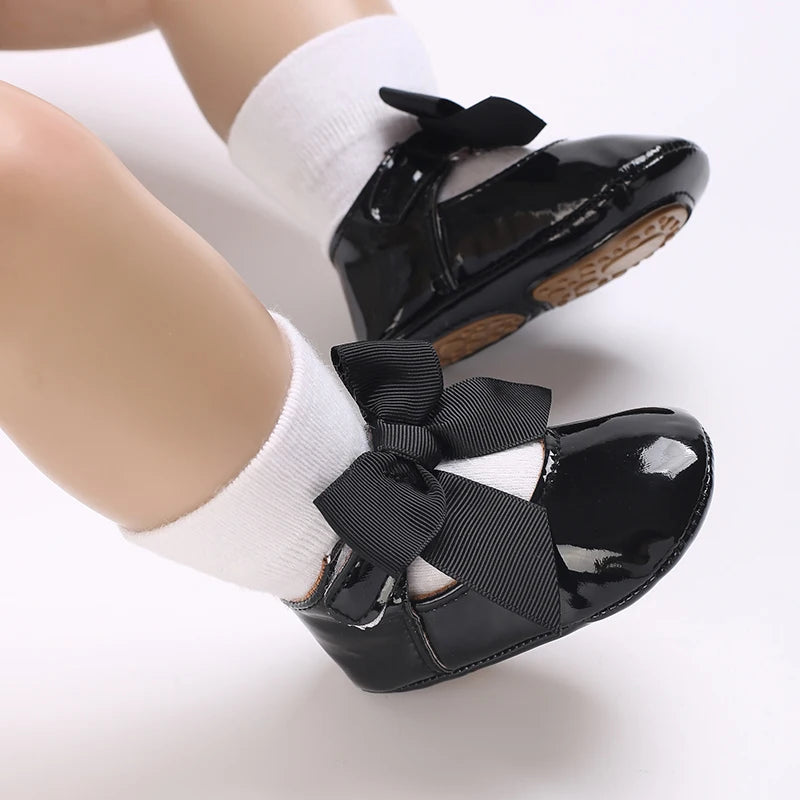 Baby Shoes Bowknot Rubber Sole Anti-slip PU Ballet Slippers Baby Girl Dress Shoes First Walker Toddler Crib Shoes