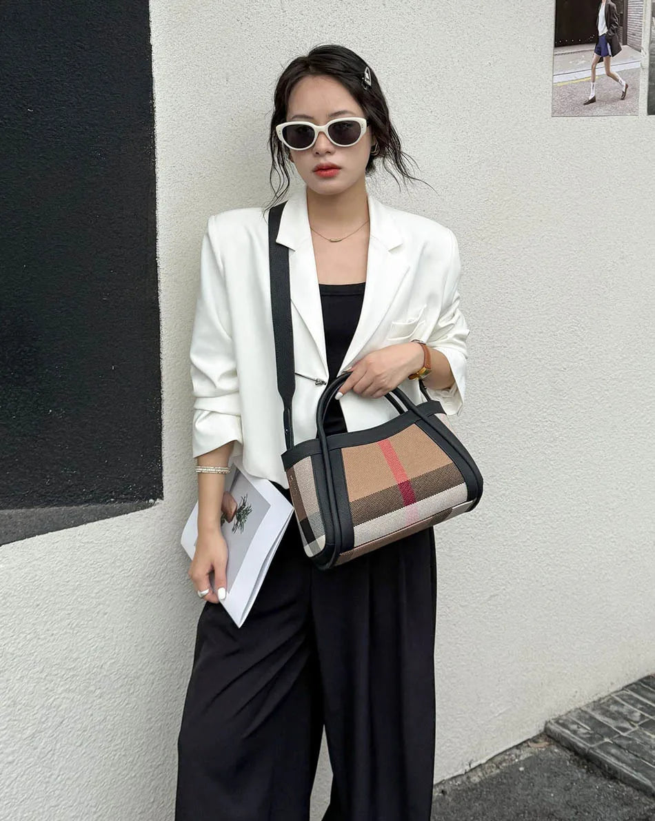 Small Size 30CM Elegant Women Bag Striped Canvas + Cowhide Top Handle Bag Women's Single Shoulder Crossbody Luxury Designer Bag