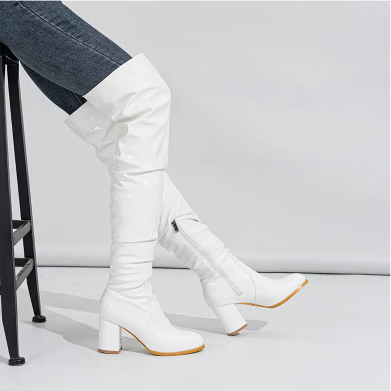 New Women's Long Boots Patent Leather Over The Knee Boots Sexy Womens Pumps Fashion Thick Heels Women Shoes Zlp Zapatos De Mujer