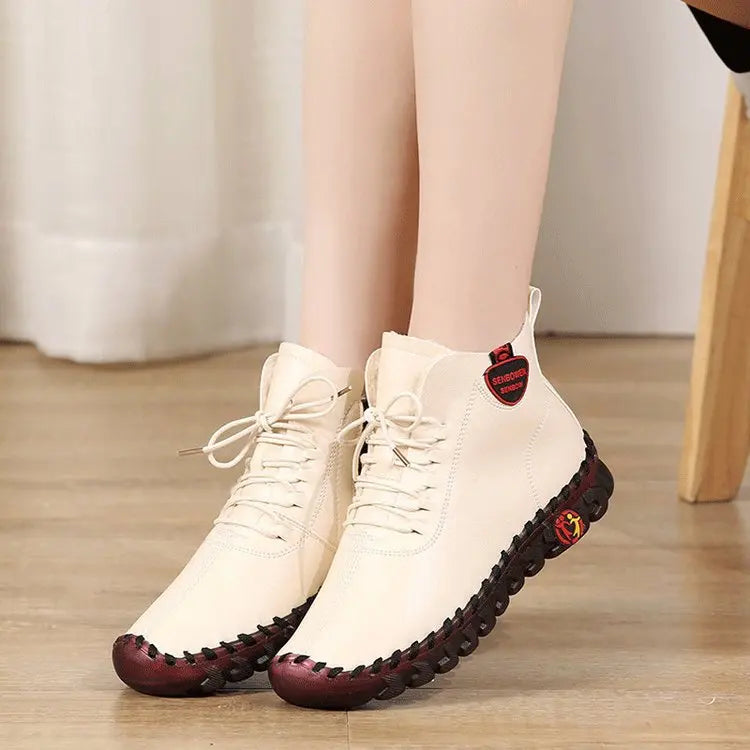 Women Shoes Autumn Loafers Lace Up Sneakers Casual Flats Solid Soft Bottom Boots Leather High-Top Sneaker Female Shoes2024
