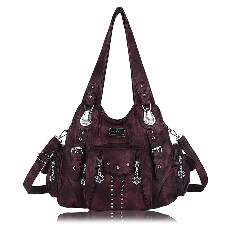 Angelkiss Women Bag Large Handbags Satchel Top-handle PU Shoulder Bag Vintage Dumpling Pack Multi-pockets Shoulder Bags Purse