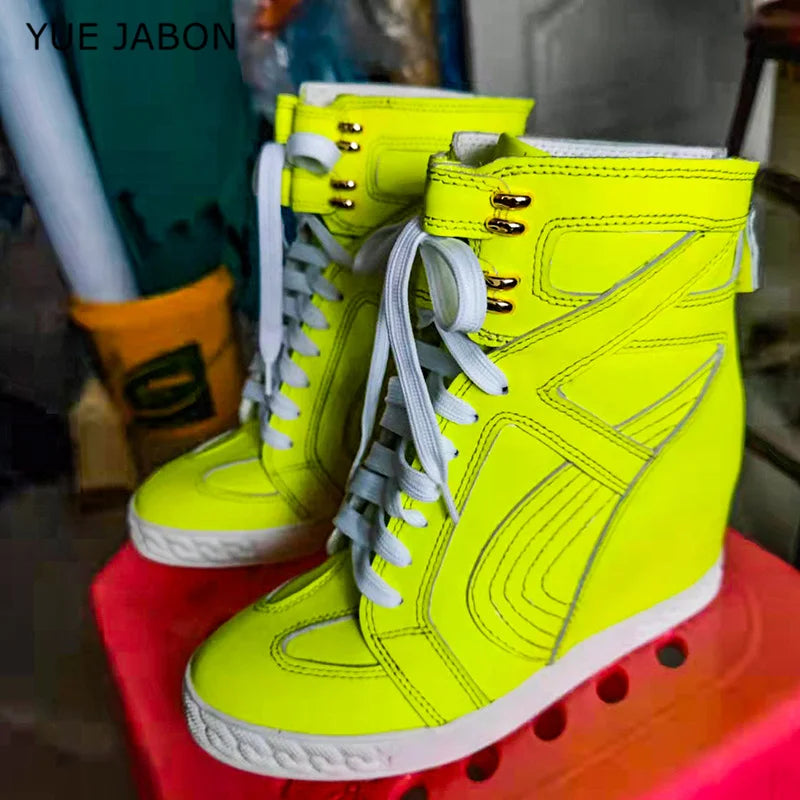 White Punk Style Women Shoes Lace-up heel height 8CM Platform Shoes Woman Real Leather Ankle Rock Boots Patchwork Woman Sneakers