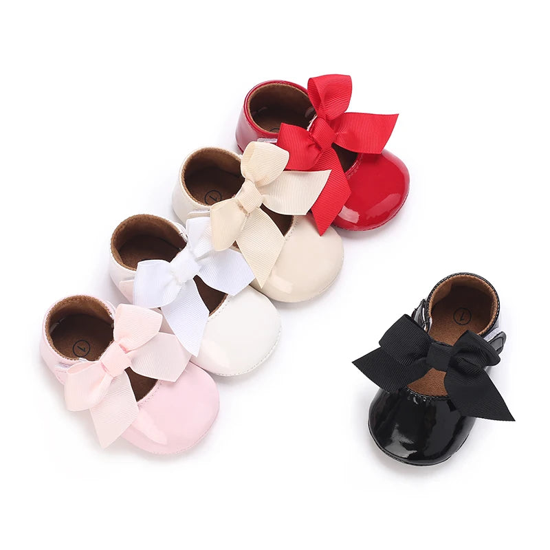 Baby Shoes Bowknot Rubber Sole Anti-slip PU Ballet Slippers Baby Girl Dress Shoes First Walker Toddler Crib Shoes