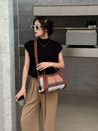 Small Size 30CM Elegant Women Bag Striped Canvas + Cowhide Top Handle Bag Women's Single Shoulder Crossbody Luxury Designer Bag