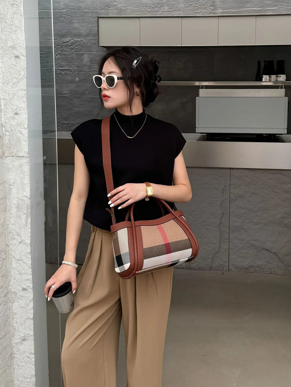Small Size 30CM Elegant Women Bag Striped Canvas + Cowhide Top Handle Bag Women's Single Shoulder Crossbody Luxury Designer Bag
