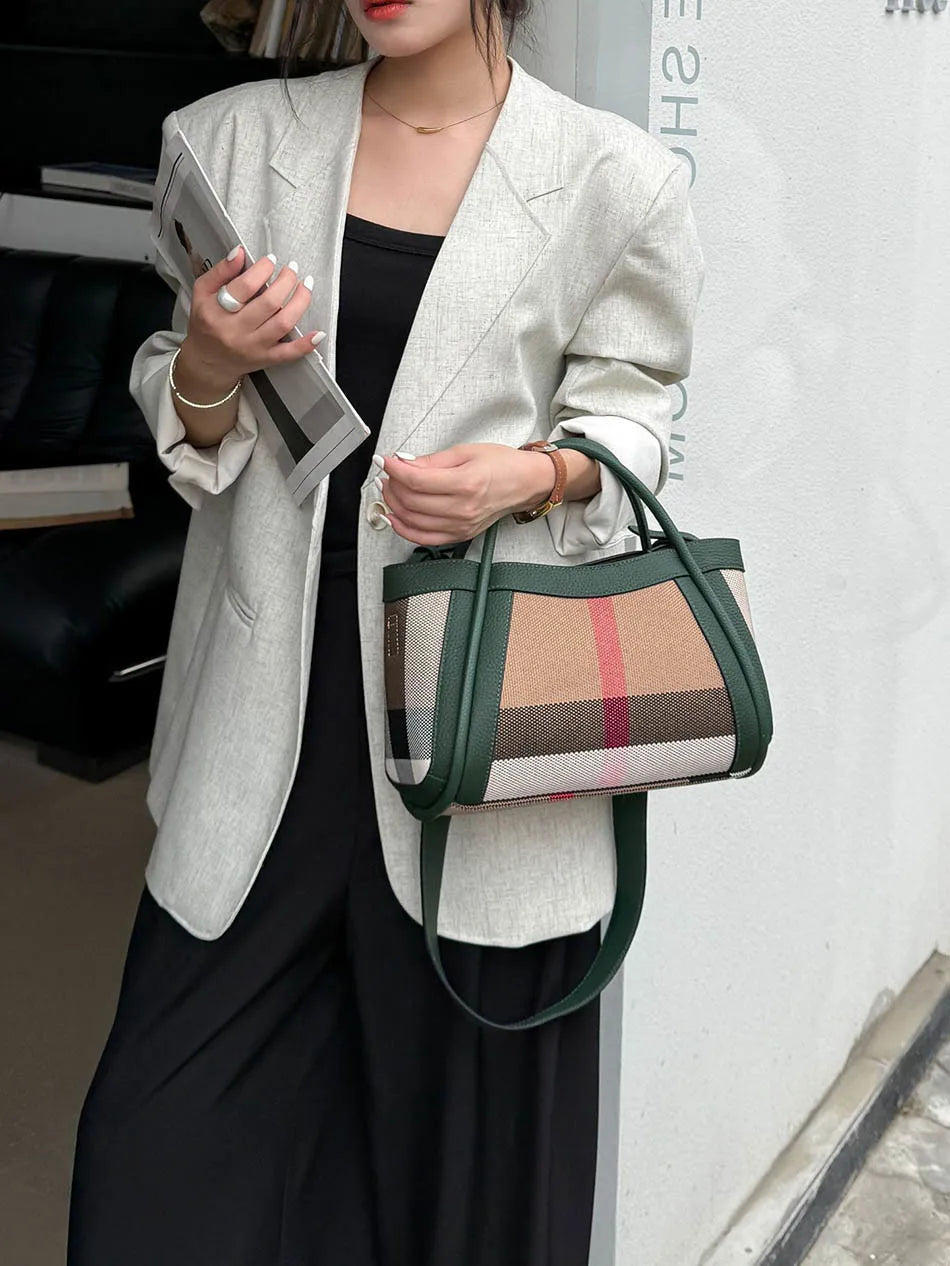 Small Size 30CM Elegant Women Bag Striped Canvas + Cowhide Top Handle Bag Women's Single Shoulder Crossbody Luxury Designer Bag