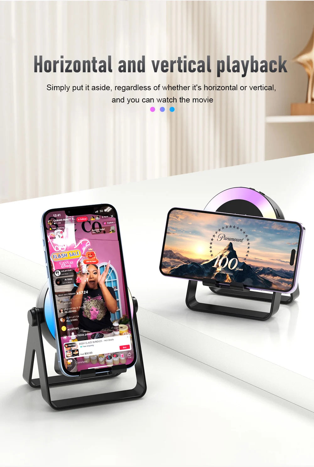 New Cell Phone Holder Stand With Bluetooth 4 IN 1 Wireless Induction Audio Speaker 360° Rotation Stand with LED